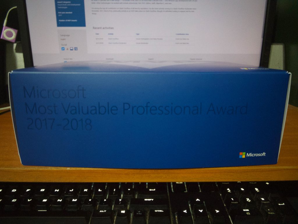 The front of the box, which reads "Microsoft Most Valuable Professional Award 2017-2018"