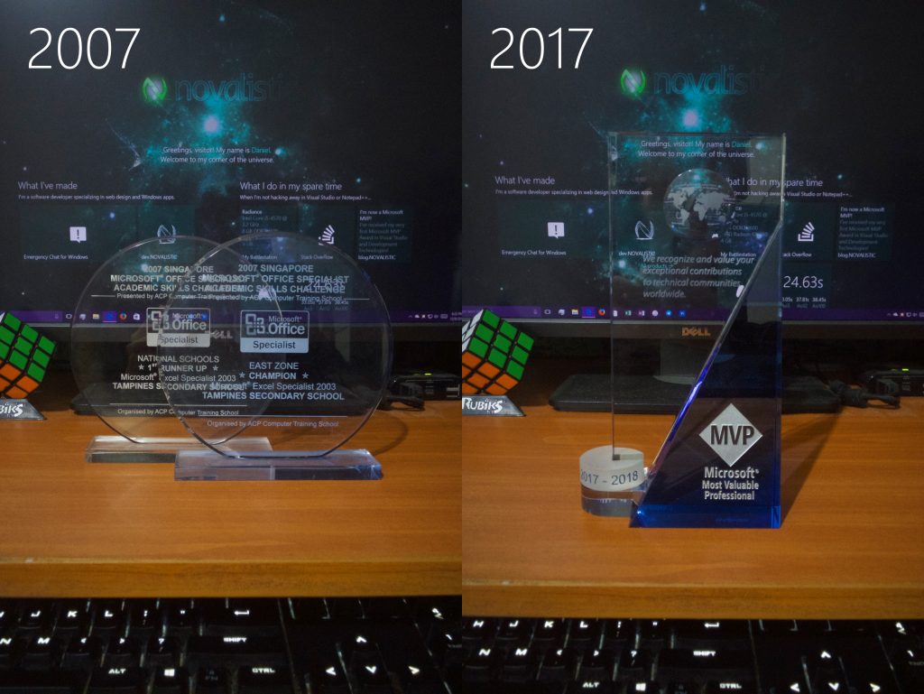 A diptych of my Microsoft Office Specialist awards from 2007, and my Microsoft MVP Award from 2017.