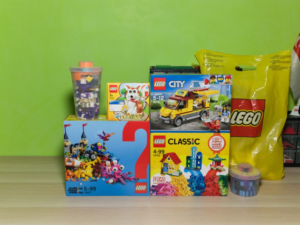 60150 Pizza Van, 10703 Creative Builder Box, 10404 Ocean's Bottom, 40235 Year of the Dog, large and small Pick A Brick cups and a mystery set hidden in a LEGO Store shopping bag.