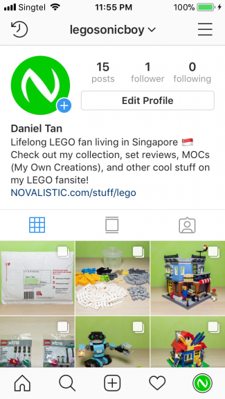 Screenshot of Instagram displaying my new public Instagram account, @legosonicboy.